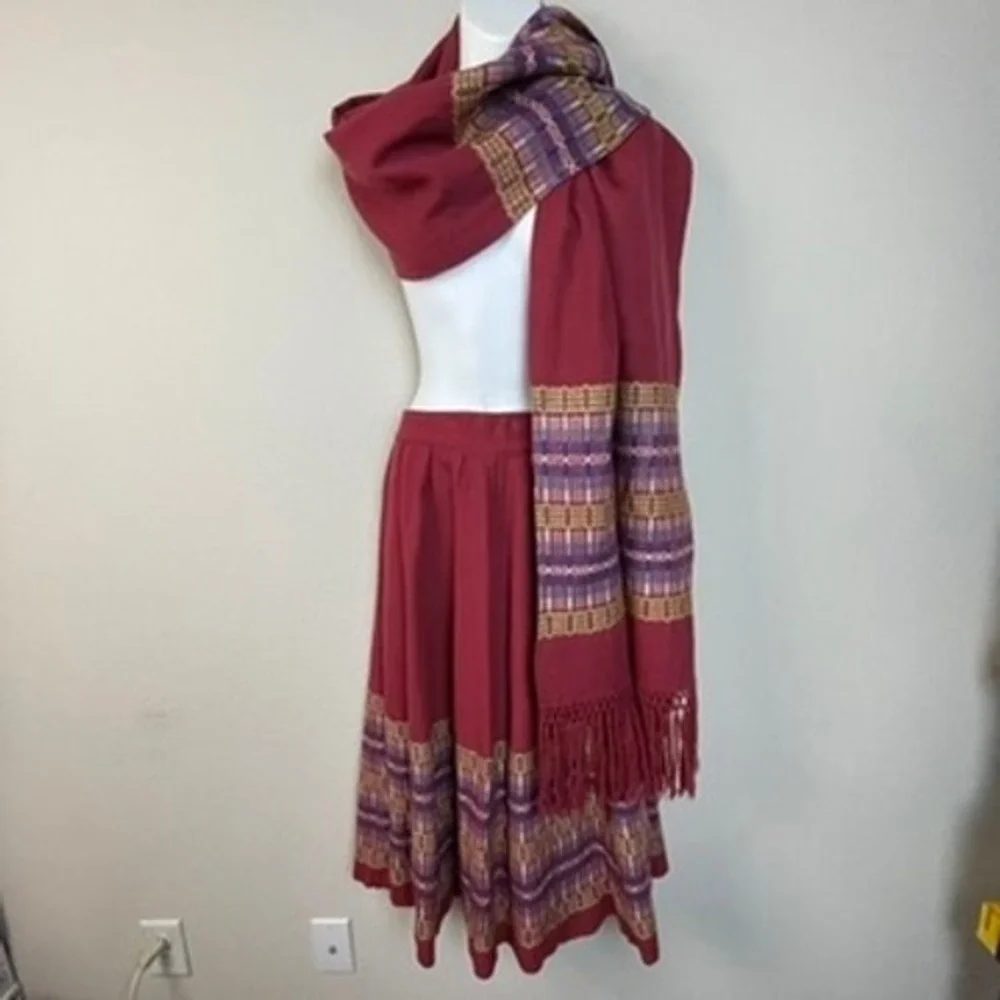 Marjory Jacobson Hand Woven Skirt & Shawl Set Burgundy‎ Geometric Boho Vintage
